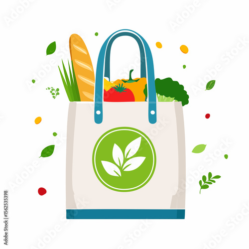 Fabric tote bag with handles upright, eco-friendly logo on the side, and filled with fruit and vegetables peeking out.
