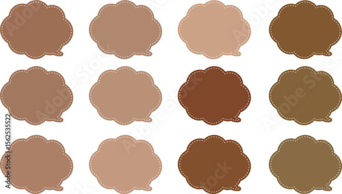 A 12-color speech bubble set with an autumn theme and white dashed lines inside each bubble. .All the bubbles have a distinctive, rounded, cloud-like, or scalloped edge design. 