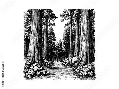 Vintage engraving style, Redwood Forest sketch, old black and white botanical tree art, eco-conscious woodland print, hand-drawn nature decor, tall tree illustration, rustic forest wall art