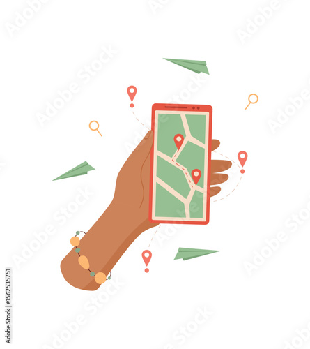 A hand holds a smartphone displaying a GPS map application. A person uses mobile device with digital navigation features. The phone screen showcases an interactive map interface, cool graphic style,