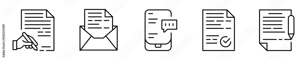 Conjunto de iconos de comunicación escrita. Información y mensajes. Redacción manual. carta, mensaje, texto aprobado. Ilustración vectorial