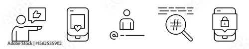 Conjunto de iconos de comunicación en redes sociales. Interacción digital y mensajería. Reacción positiva, notificación móvil, correo, búsqueda de texto y alerta de seguridad 