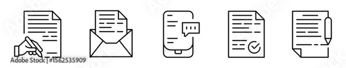Conjunto de iconos de comunicación escrita. Información y mensajes. Redacción manual. carta, mensaje, texto aprobado. Ilustración vectorial