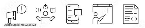 Conjunto de iconos de comunicación en crisis. Alertas y advertencias. Difusión preventiva, alerta digital, capacitación en línea. Ilustración vectorial