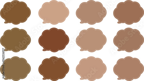 A 12-color speech bubble set with an autumn theme and white dashed lines inside each bubble. .All the bubbles have a distinctive, rounded, cloud-like, or scalloped edge design. 