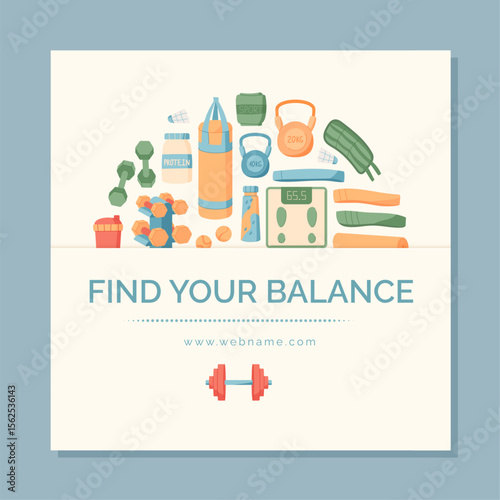 Flat banner design with gym equipment for workout and fitness. Sport tools such as dumbbell, kettlebell, and weight reflect healthy lifestyle. Colorful background suitable for wellness themes fitness