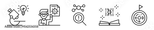 Conjunto de iconos de descubrimientos científicos. Hallazgos innovadores, avances en biología. Exploración microscópica, nuevo virus, alerta molecular, base genética documentada y célula identificada
