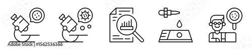 Conjunto de iconos de microscopio y análisis. Observación científica y laboratorio. Análisis celular, virus, hoja de estadística, preparación de muestra, verificación microscópica