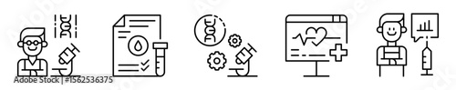Conjunto de iconos de investigaciones biomédicas. Análisis científicos y estudios clínicos. Estudio genético, prueba sanguínea, desarrollo técnico, monitoreo cardiaco y recolección de datos