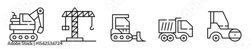 Conjunto de iconos de maquinaria de construcción. vehículos de construcción. Excavadora, torre de grúa, topadora, camión y aplanadora. Ilustración vectorial