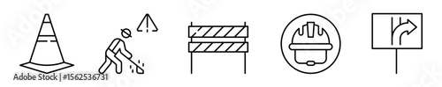 Conjunto de iconos de señalización de obras. Advertencia, prevención y orientación en zonas de construcción. Peligro, trabajo en curso, bloqueo perimetral, protección laboral y dirección vial 
