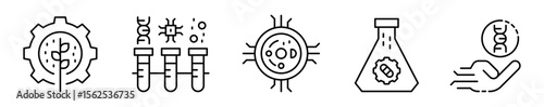 Conjunto de iconos de biotecnología. Procesos biológicos, salud, industria, agricultura. Experimentación molecular, estructura celular, análisis microbiológico y manipulación genética