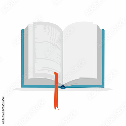 Hardcover book opened to the middle, ribbon bookmark between pages.
