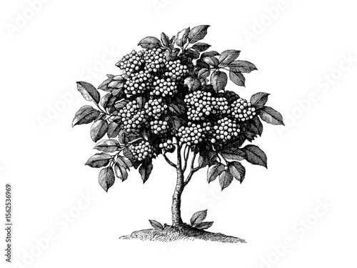 Hand-drawn vintage botanical illustration, engraving of rowan tree, rustic tree art, rowan berries, retro tree decor, black sketch, old engraving style, nature print, trendy nature wall art