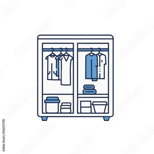 Wardrobe cabinet with clothes inside, organized and tidy.
