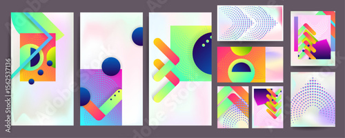 Set hologram gradient background 90s, 80s retro style. Pastel shades muted colors graphic template for brochure, banner minimal hologram gradient