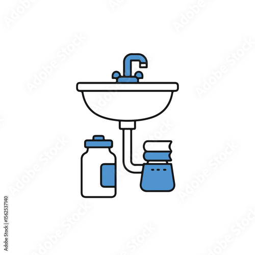 A minimalist illustration featuring a sink, a jar, and a water purifier.
