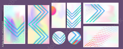 Set hologram gradient background 90s, 80s retro style. Pastel shades muted colors graphic template for brochure, banner minimal hologram gradient