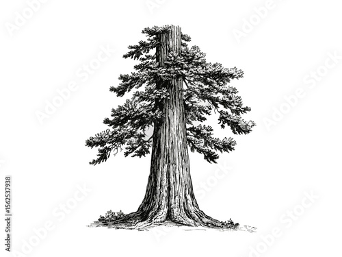 Vintage engraving style, black sketch of sequoia tree bark, hand-drawn botanical illustration, rustic nature design, eco-friendly evergreen tree art, woodland forest print,