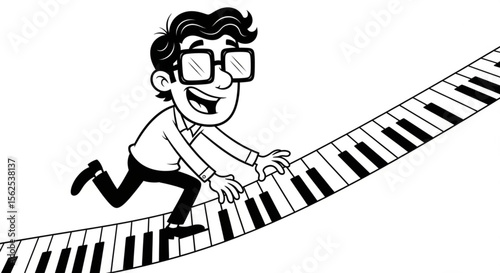 Happy cartoon man with glasses sprinting on giant piano keyboard, musical and fun

