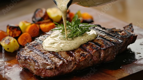 Béarnaise sauce being drizzled over a grilled steak, with a garnish of fresh tarragon and a side of roasted vegetables.