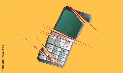 Vector illustration of a damaged classic mobile phone with multiple stylized scratch marks across the screen and body. Use for unique tech-related themes.