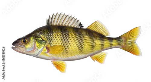 A yellow perch fish is depicted, exhibiting characteristic dark vertical bars along its sides and golden fins. Isolated on a white background.