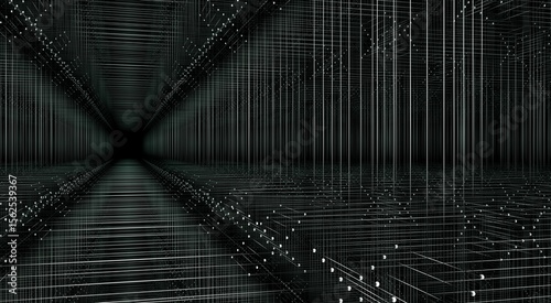 A white lines and small spheres in a black space.