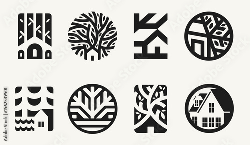 House or apartment under big old tree. Simple vector logo mark template or icon of building for modern real estate company or cozy home family guest house hotel