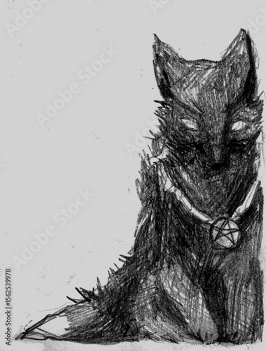 A dark, mysterious hand-drawn pencil sketch of a creature resembling a wolf or fox, with glowing eyes and wearing a pentagram necklace. Gothic and occult vibes.