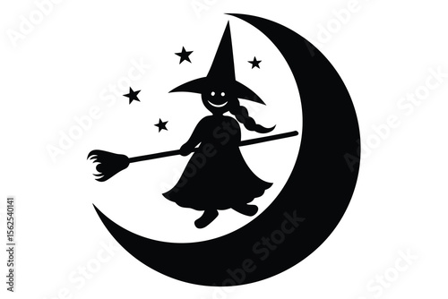 witch over moon black and white
