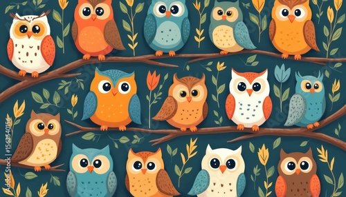 Charming collection of colorful owls perched on branches