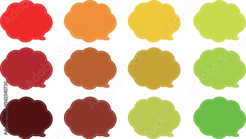 A 12-color speech bubble set with an autumn theme and white dashed lines inside each bubble. .All the bubbles have a distinctive, rounded, cloud-like, or scalloped edge design.
