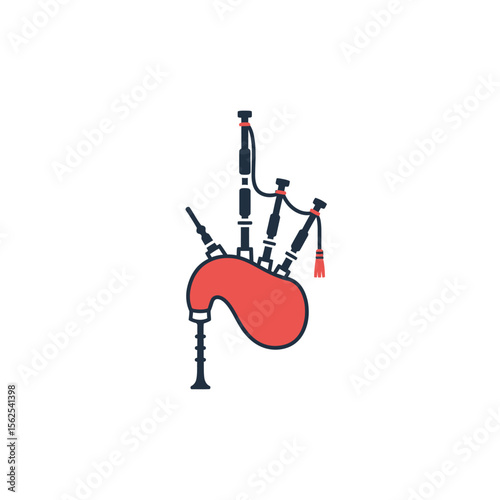 Simple icon style illustration of a traditional bagpipe musical instrument in red and black colors