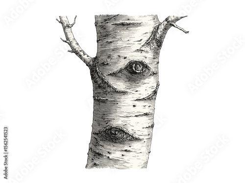 Vintage engraving of Silver Birch bark, hand-drawn tree trunk sketch, rustic botanical illustration, retro woodland art, eco-friendly nature decor, forest texture print, black line art