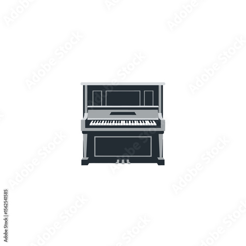 Illustration of a classic upright piano with detailed keyboard and pedals on white background