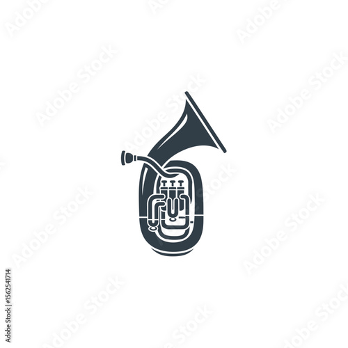 Minimalistic black and white illustration of a tuba musical brass instrument on a white background