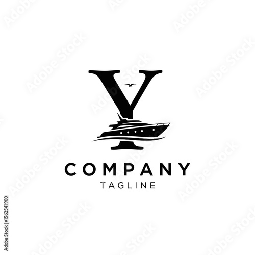 Minimalist black and white yacht logo design with letter v and bird for company branding