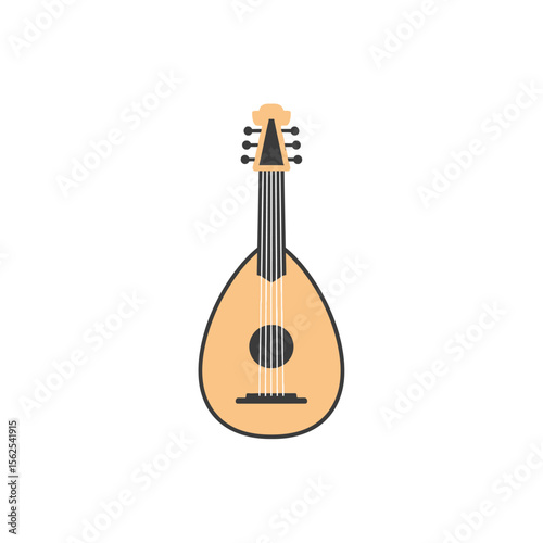 Illustration of a traditional wooden stringed musical instrument with a unique pear-shaped body