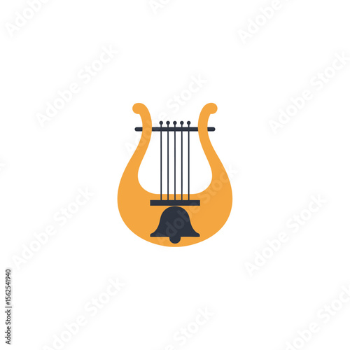Minimalist vector illustration of a lyre musical instrument with a bell symbol below representing classical music