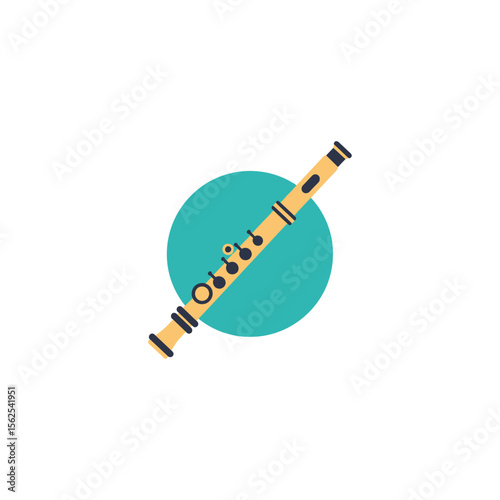Minimalistic illustration of a wooden clarinet with black keys on turquoise background