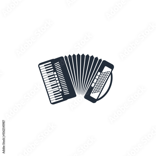 Black and white silhouette of an accordion musical instrument with keys and buttons