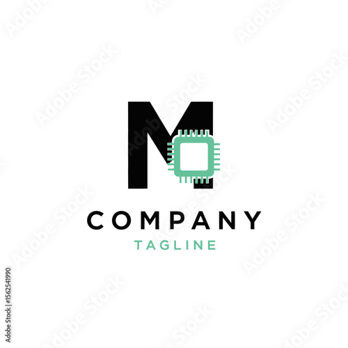Minimalistic modern logo design featuring letter m and microchip symbol for technology companies