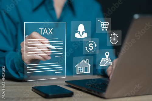 Payment of income tax and annual tax calculation concept, Businesswomen online document data check of tax details, Payment, Personal tax, land, house, Real estate, Company, The government collects