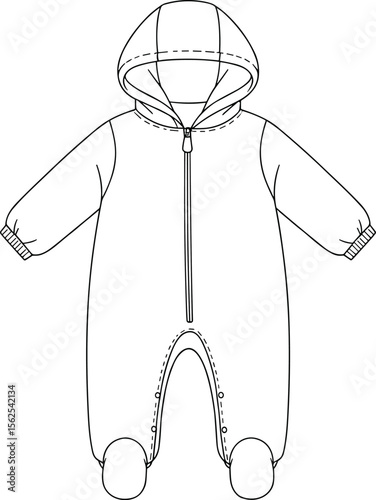 Baby hooded footie onesie cad drawing flat vector illustration, front zipper closure, ribbed cuffs, snap leg detail, cozy garment sketch