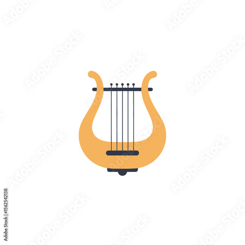 Minimalistic illustration of a wooden lyre musical instrument with strings and tuning pegs