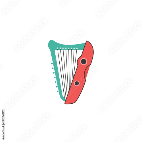 Minimalist flat design illustration of a harp with simple color scheme and details