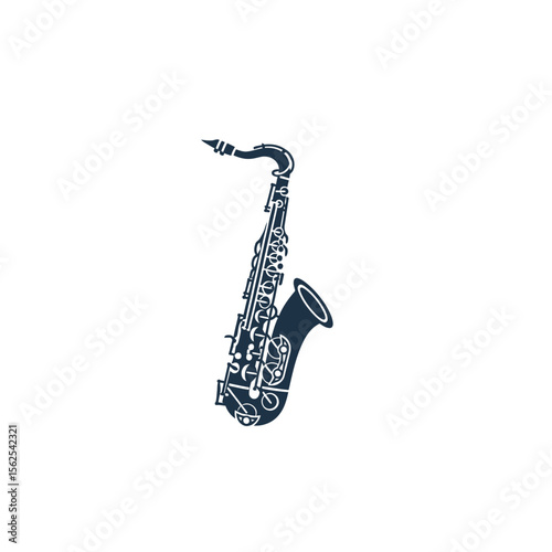 Minimalistic black and white saxophone illustration representing music and jazz culture art