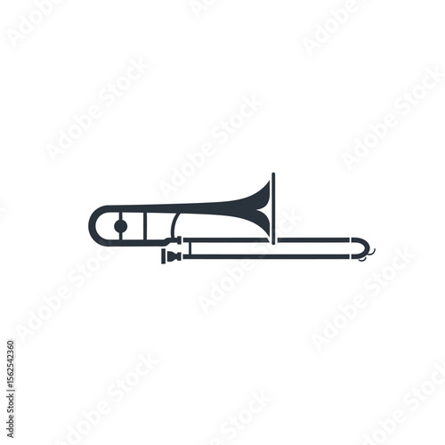 Minimalist black silhouette illustration of a trombone musical instrument on white background