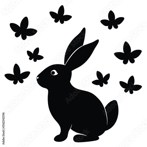 a rabbit looking up as several small butterflies flutter around its ears — playful, gentle, and emotionally 